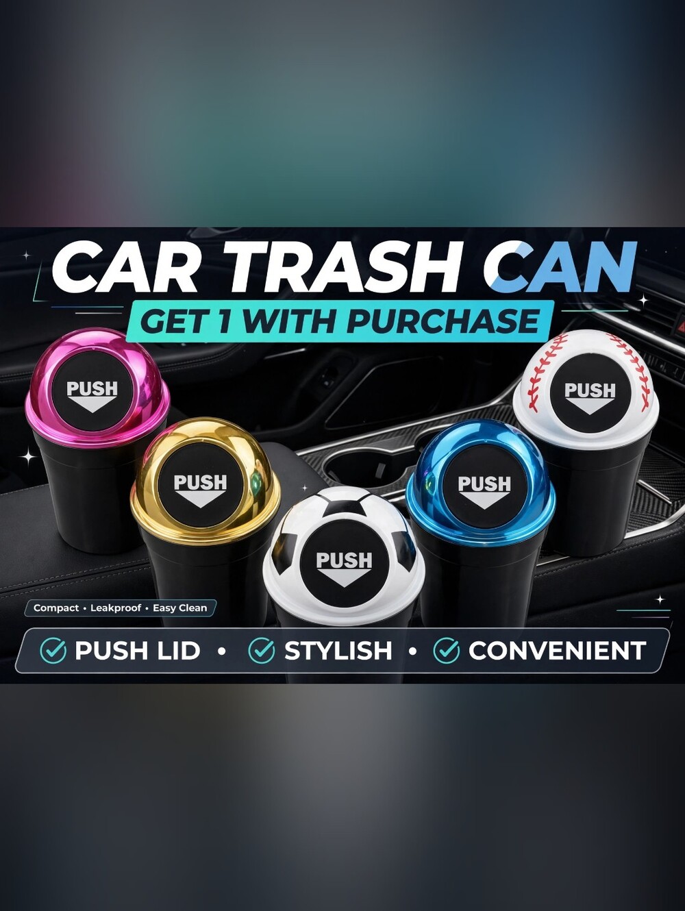 Portable Car Trash Can with Push Lid ( 1 Per Purchase